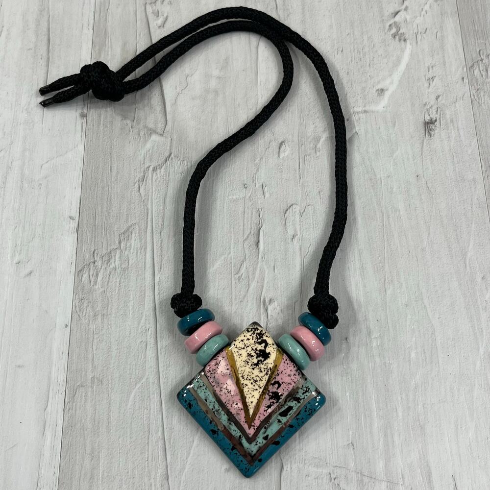 Ceramic Beaded Triangle Pendant Necklace Pink Blue Green Black Corded Boho Artsy